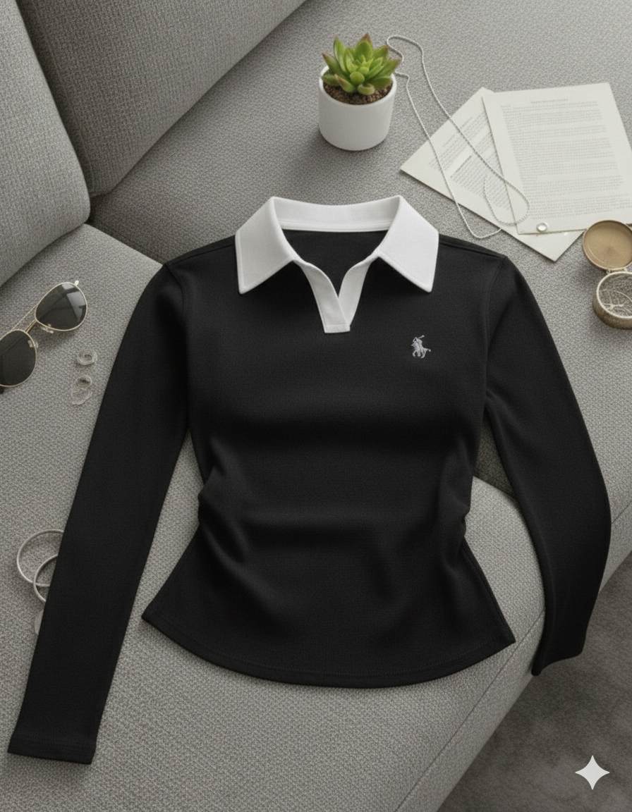 Two-Tone V-Neck Polo Full Sleeve Top – Polo
