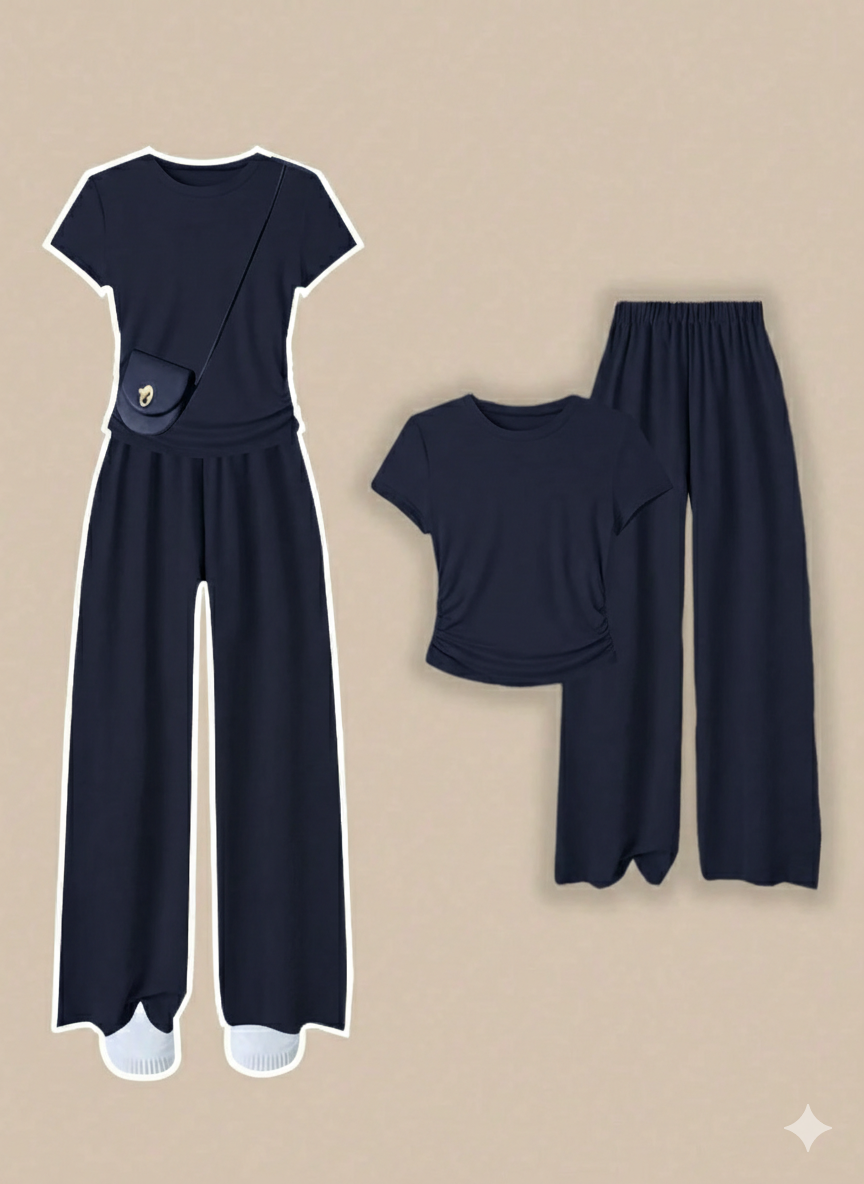 Round Neck Tee & Wide Leg Trouser Co-Ord Set – Half Sleeve