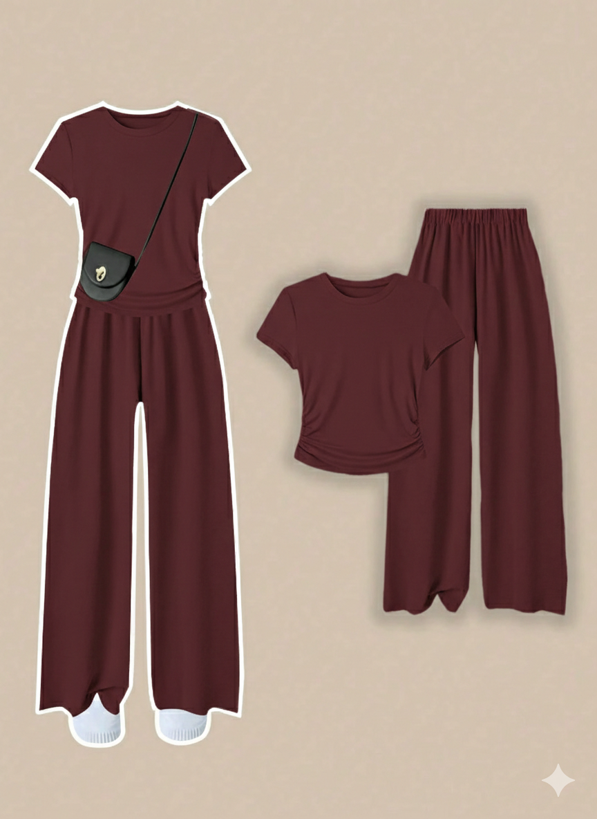Round Neck Tee & Wide Leg Trouser Co-Ord Set – Half Sleeve