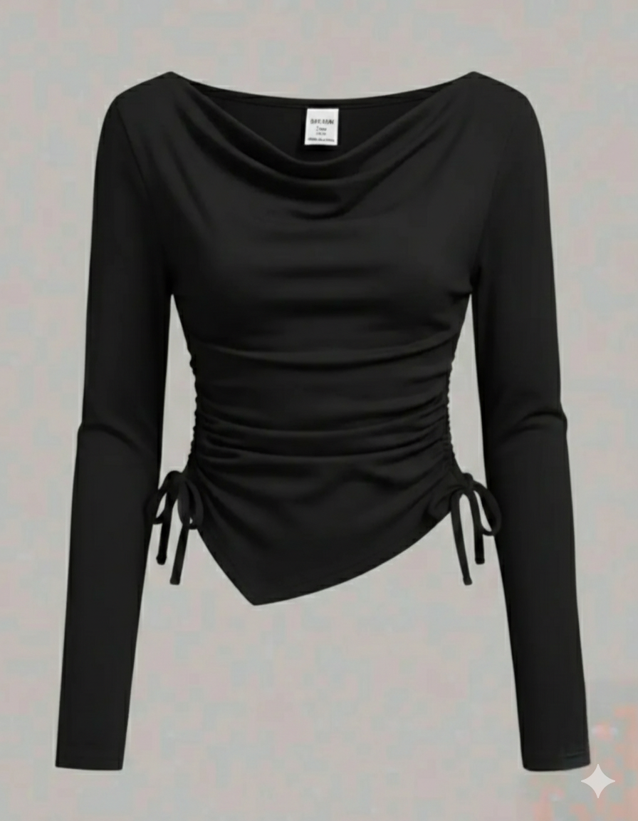 Ruffle Side Ruched Asymmetrical Top – Full Sleeve