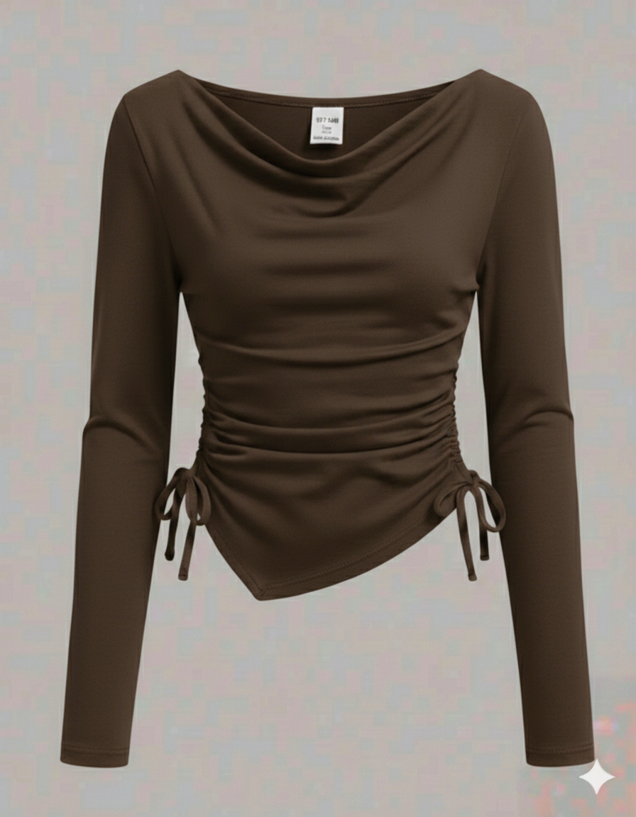 Ruffle Side Ruched Asymmetrical Top – Full Sleeve