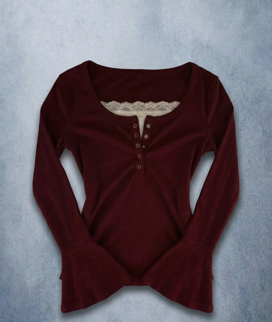 Flare Sleeves Lace Henley Top 6.0