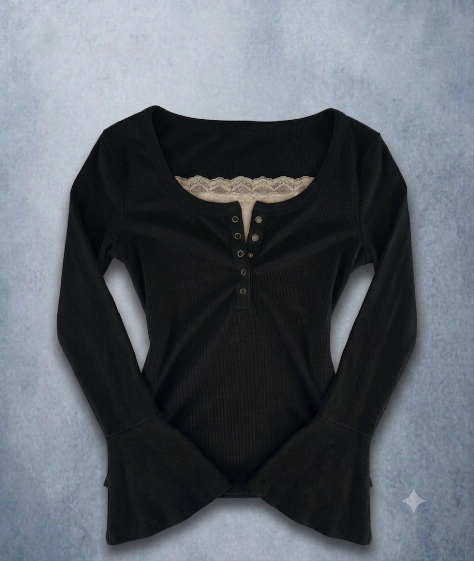 Flare Sleeves Lace Henley Top 6.0