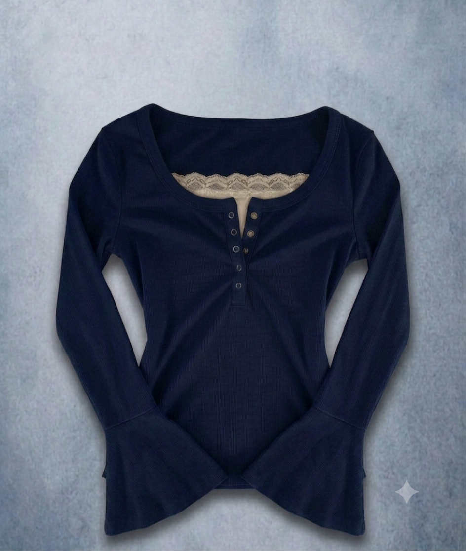 Flare Sleeves Lace Henley Top 6.0