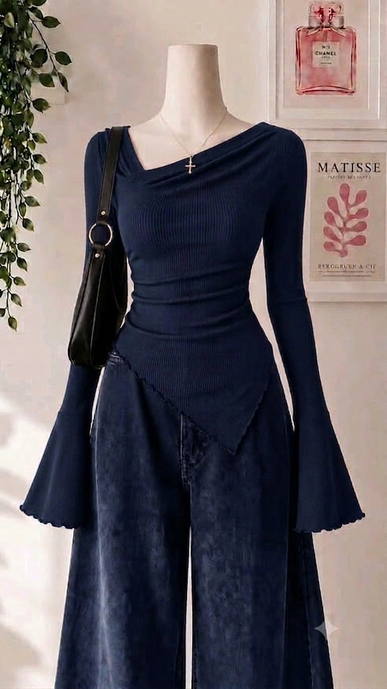 Side V-Neck Asymmetrical Flare Sleeves Lettuce Top
