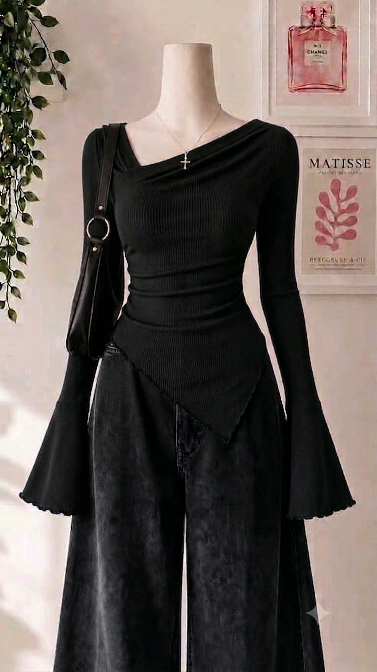 Side V-Neck Asymmetrical Flare Sleeves Lettuce Top