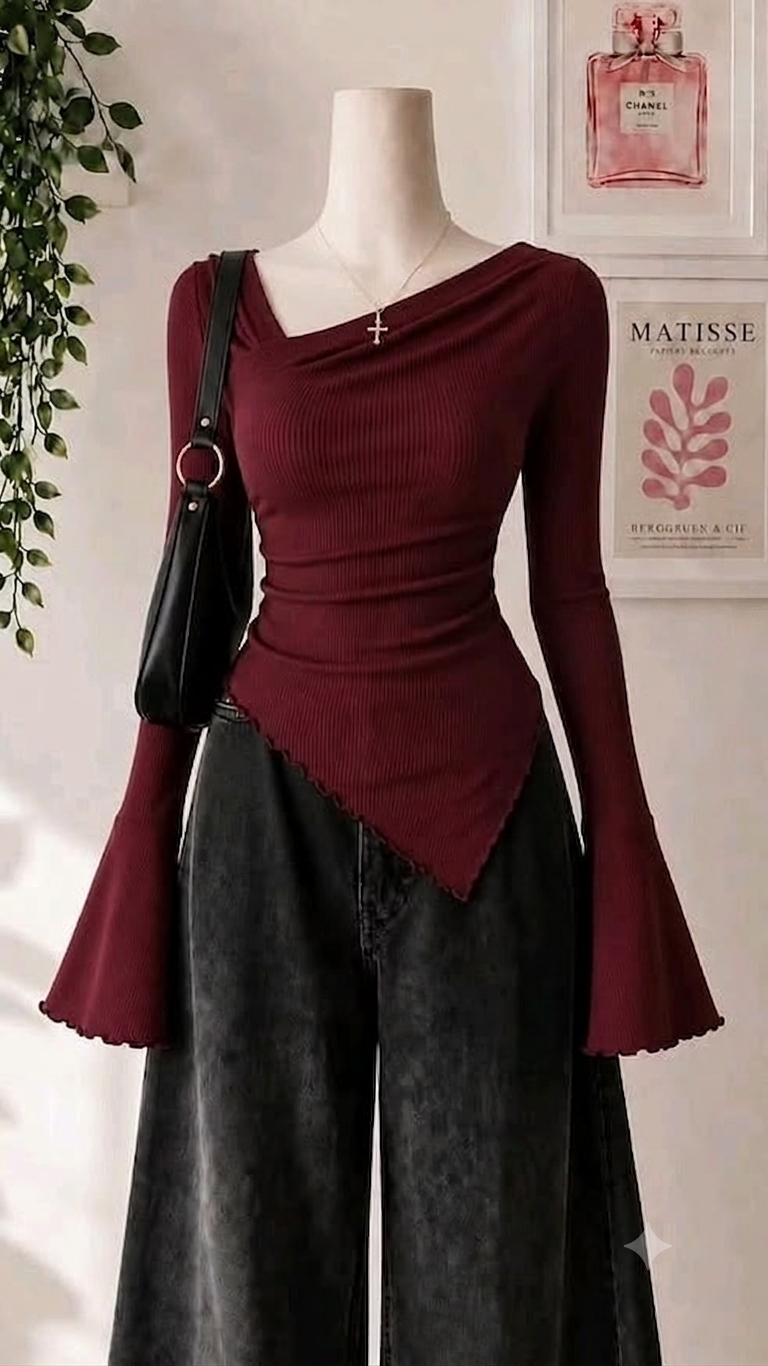 Side V-Neck Asymmetrical Flare Sleeves Lettuce Top