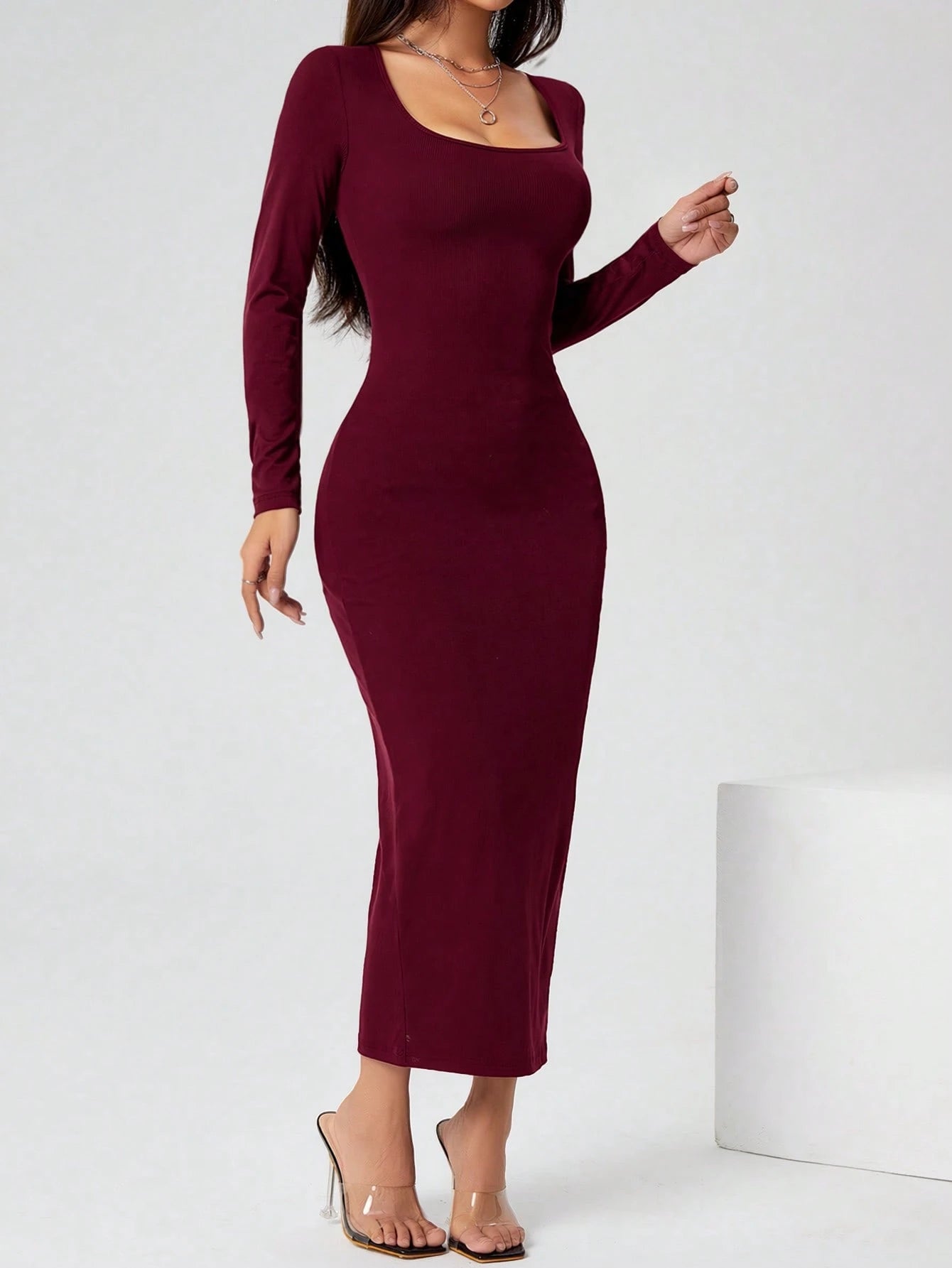 Square Neck Bodycon Dress – Full Sleeve