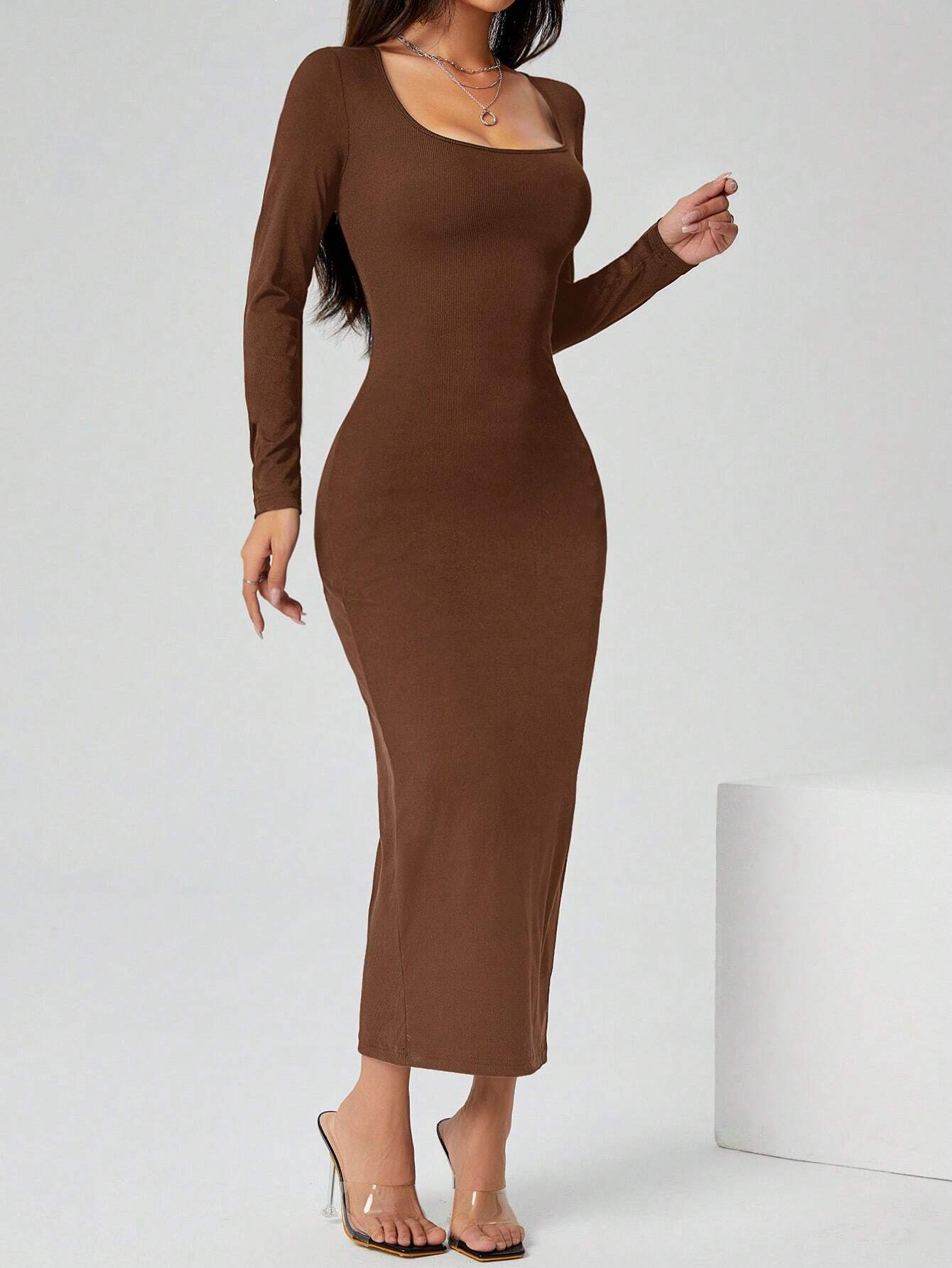 Square Neck Bodycon Dress – Full Sleeve