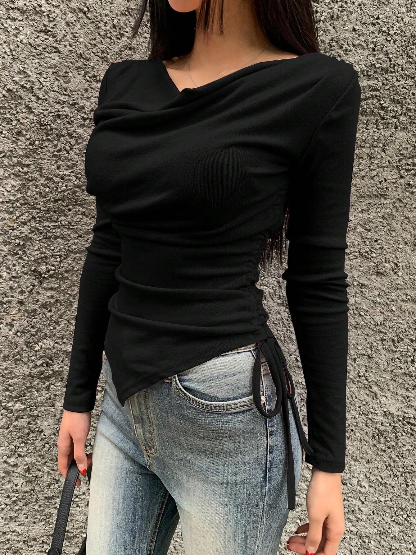 Ruffle Side Ruched Asymmetrical Top – Full Sleeve