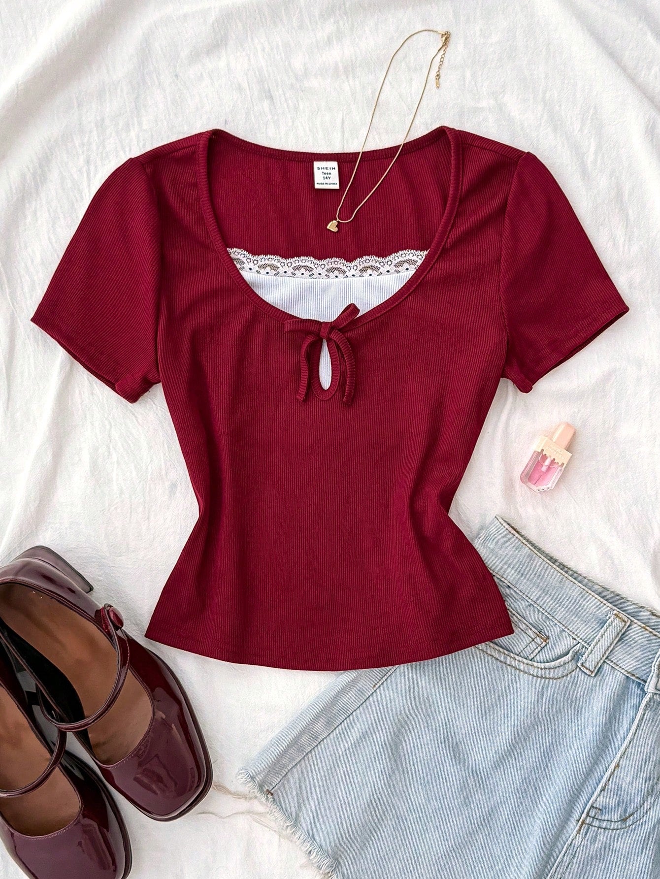 Notch Neck Lace Bow Top – Half Sleeve