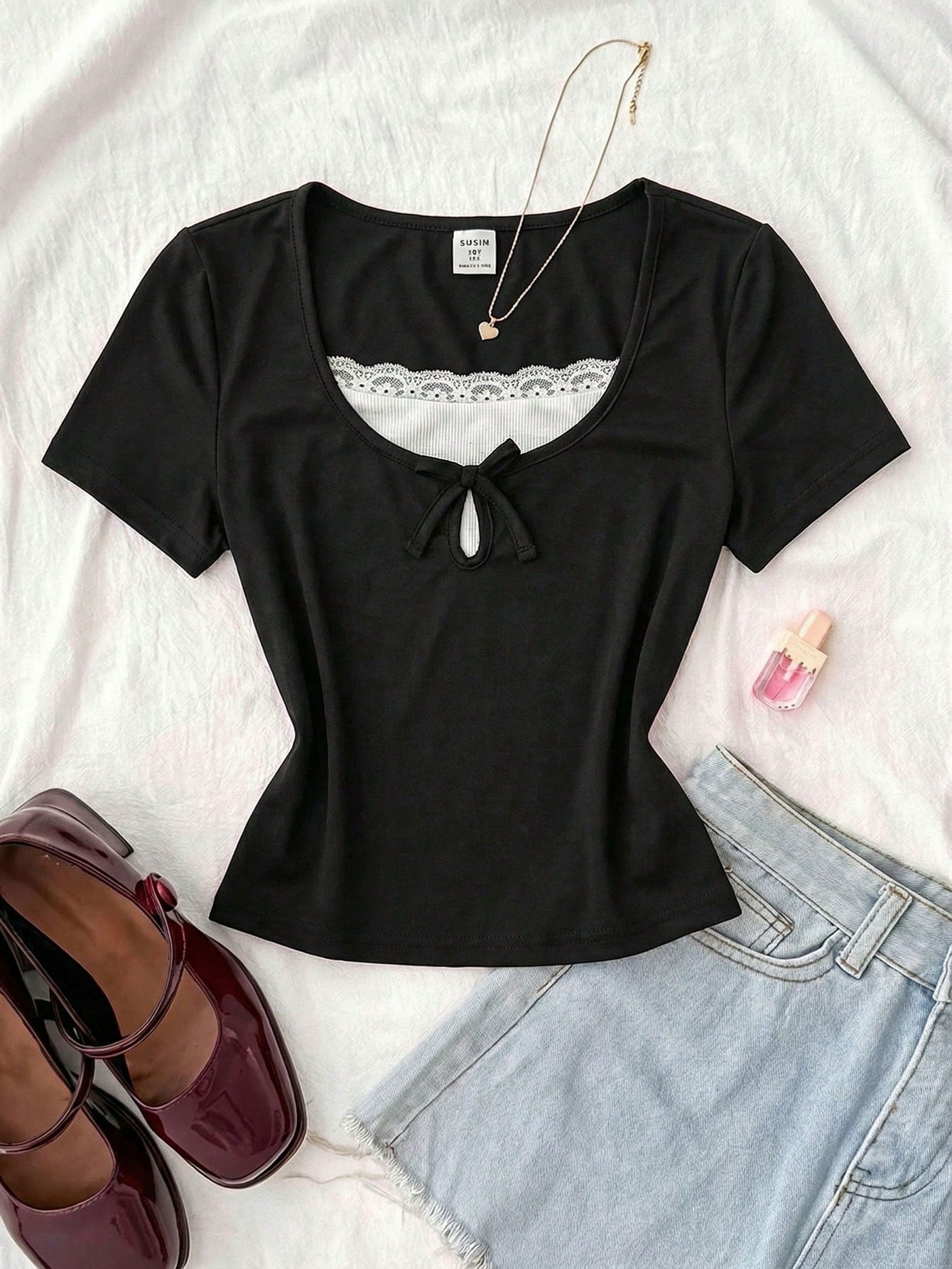 Notch Neck Lace Bow Top – Half Sleeve