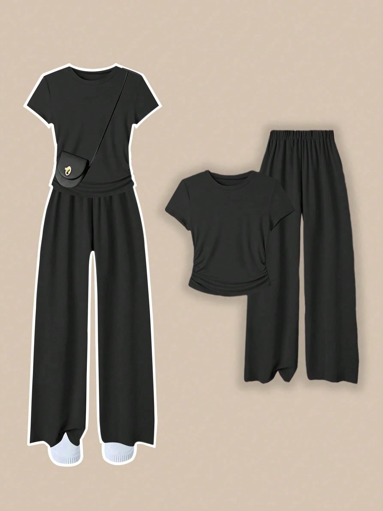 Round Neck Tee & Wide Leg Trouser Co-Ord Set – Half Sleeve